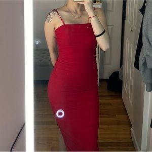 Red Long Ruched Dress with Side Slit